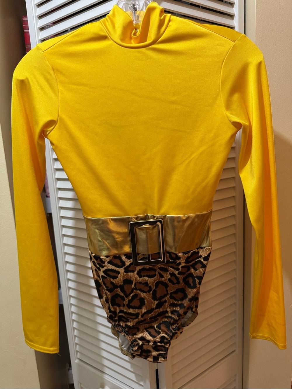 Girls' Yellow Long-Sleeve Dance Leotard with Gold Belt and Leopard Bottom